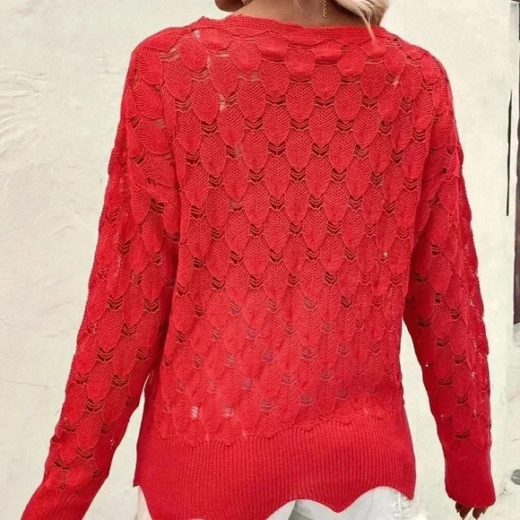 Red Boho Womens Solid Pointelle Knit Sweater - Picture 2 of 5